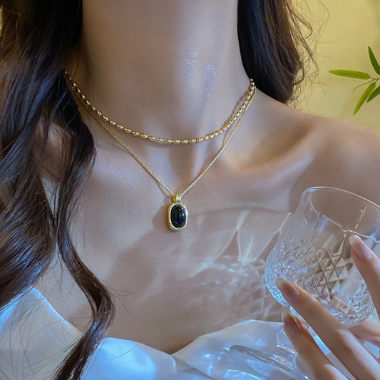Double-layer Elegant Twin Metal Black Bead Necklace