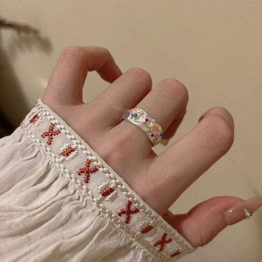 Colorful Oil Necklace Pleated Texture Open Ring