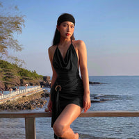 Swing Collar Pleated High Waist With Straps Slim Fit Backless Halter Dress