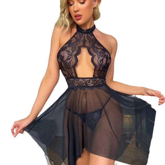 Neck Splicing Lace Grenadine Pajamas Suit