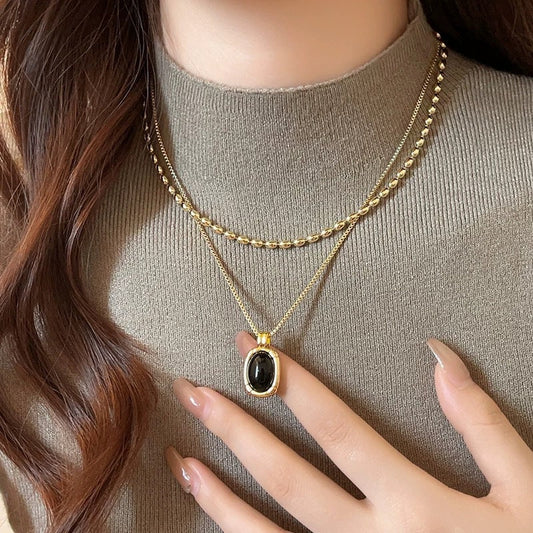 Double-layer Elegant Twin Metal Black Bead Necklace